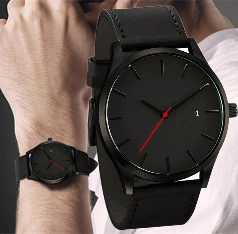 Relógio Quartz com Pulseira de Couro Masculino Simples